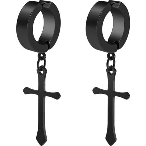 New 1 Pcs Stainless Steel Clip On Non Piercing Earrings For Women Men Black Gold Color Cross Gothic Punk Rock Drop Pendiente