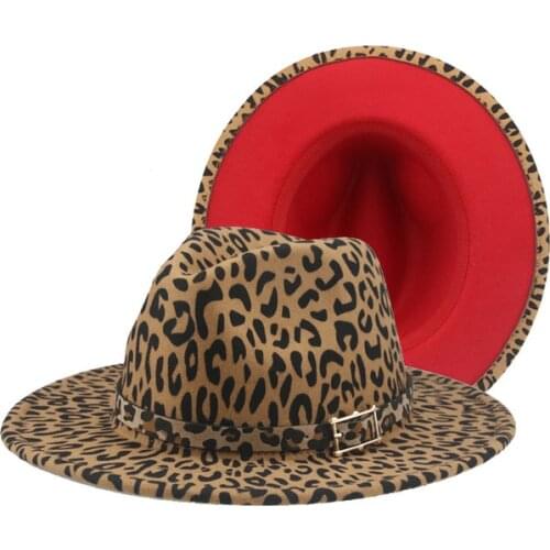 Felted hats leopard pattern men women panama jazz caps western cowboy different color inside red wide brim winter women hats men