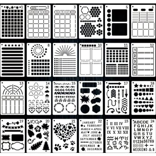 24 Pack Journal Planner Stencils, Reusable Bullet Stencils Set for A5 Notebook & Most Journals, Includes Letter Stencil G8TA
