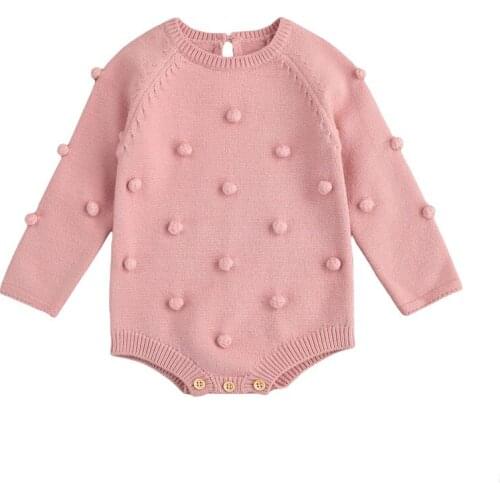 Wallarenear 0-24M Newborn Toddler Baby Girl Autumn Winter Romper Long Sleeve Kintting Solid O-Neck Jumpsuit Pink Clothing