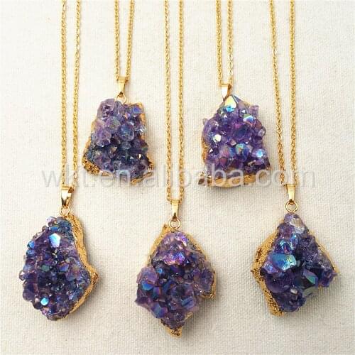 WT-N832 Newest Amazing Sparkly Aura stone necklace, Aura angel raw purple crystal pendant necklace with gold trim
