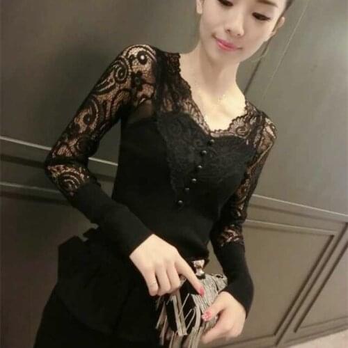 Women Blouse Spring, Autumn Winter Lace V-neck Short T-shirt Womens Long-Sleeve Blouse Mesh Women Blusas Ropa De Mujer