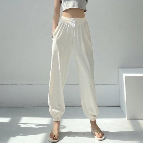 2021 Summer Women Bloomers Pants Lace-up High Waist Casual Women Loose Leg Pants Ankle-Length Trousers Femme Pants Streetwear