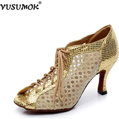 VUSUMOK Zapatos de baile latino Dance Shoes black Silver 7.5cm Girls Professional Ballroom Shoes Latin Women