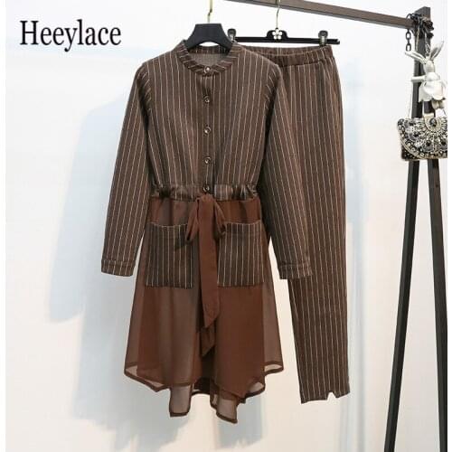 Plus Size women two piece set Autumn striped long tops pants suit casual single breasted blouse elastic waist trousers Suits 4XL