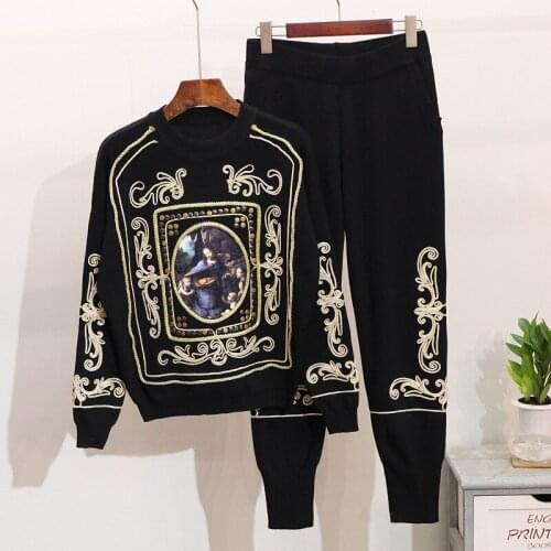 2020Fashion 2 piece set women tracksuit Winter New Flower Long Sleeve Sweater+Casual Pants Two Pieces Knitting Pants Suit Autumn