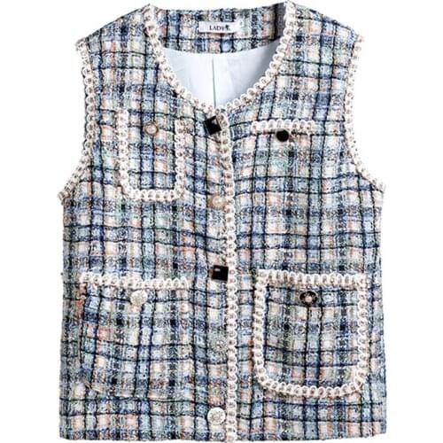 PERHAPS U Women Blue Tweed Plaid O Neck Sleeveless Vest Jacket Loose Button Pocket C0233