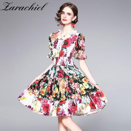 Runway Multicolor Floral Dress 2021 Summer Women Short Puff Sleeve Flower Print Elastic Waist Ruffles Beach Boho Vestidos