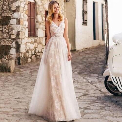 Fanweimei Boho A Line Wedding Dress Elegant Deep V Neck Aplliques Lace Bridal Gowns Bohomian Floor Length Vestido De Novia