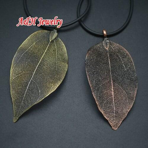 10pcs Real Leaves Bronze & Red Copper Color Plated Pendant Necklace 16'' Rubber Chain Necklace Fashion Women Jewelry