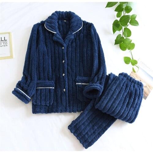 2 Pieces/Set Thick Warm Flannel Mens Pajama Sets 2021 Winter New Sleepwear Suit Pyjamas Lounge Homewear Casual Home Clothes