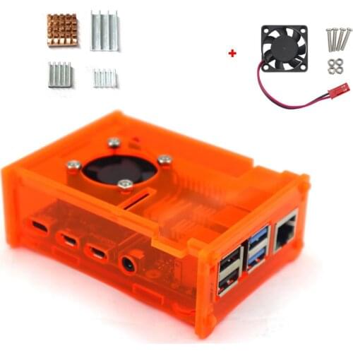 Raspberry Pi 4 Orange Acrylic Case Enclosure Box with Cooling Fan and Copper Aluminum Heatsink Kit