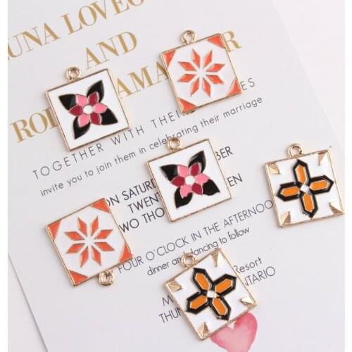 DIY Korean gold enamel geometric flower charms alloy metal jewelry earrings bracelet necklace pendant square pattern accessories