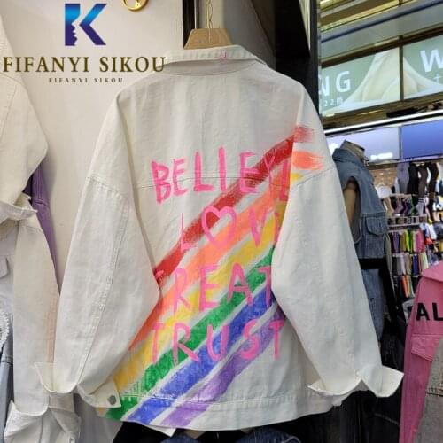 Jeans Jacket Women Letter Print Fashion Graffiti White Denim Jackets Streetwear Loose Pocket Lapel Jeans Coat Female 2021 New