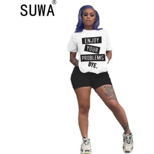 Summer women sets clothes letter printed classic white casual t-shirt tee + biker shorts jogging tracksuit lounge street wear