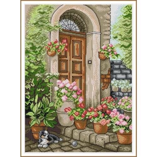 The porch of summer flowers cross stitch kit aida 14ct 11ct count print canvas cross stitches needlework embroidery DIY handma