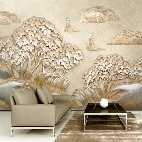 Milofi golden relief sailboat small tree cloud 3d stereo TV background wall paper mural