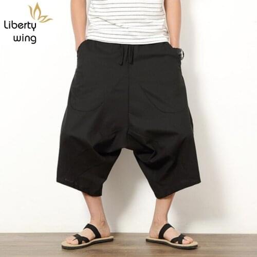 Mens Japanese Samurai Boho Summer Harem Shorts Hakama Linen Cotton 5 Colors Loose Fit Short Pants Big Size