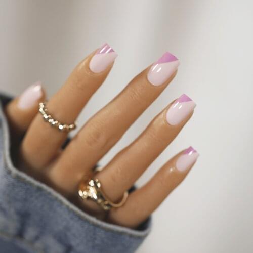 24pcs Purple White Double Color Matching Short Fake Nails Full cover Fake Nails Glue DIY Manicure Nail Art Tools