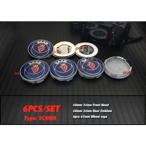 New 6pcs 68mm bonnet /trunk 60mm stickers for Saab 62/ 63mm Wheel Center Hub Cap wheel Badge covers 2.36" Tire Accessorie