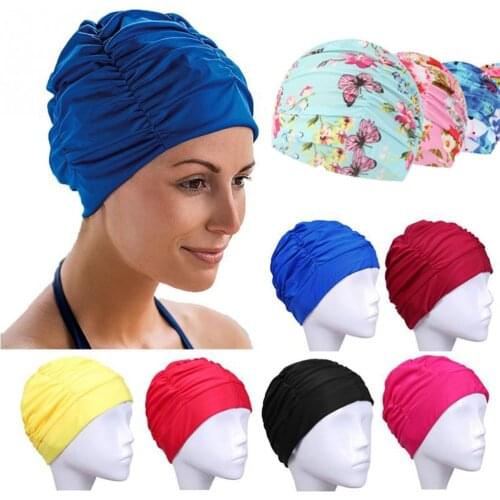 Pleated Cloth Elastic Nylon Turban Bathroom Shower Cap Free size Swimming Cap Long Hair Sports Protect Hat for Men & Women