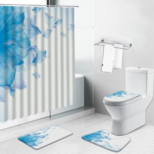Blue Flowers Shower Curtains Bath Mat Non-Slip Rugs Abstract Floral Bathroom Decor Doormat Floor Mats Toilet Cover Carpet Set