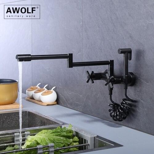 Kitchen Sink Faucet Foldable Pot Filler Tap Matte Black Chrome Dual Handle Wall Mounted Rotatable Spout Hot And Cold Water FW007