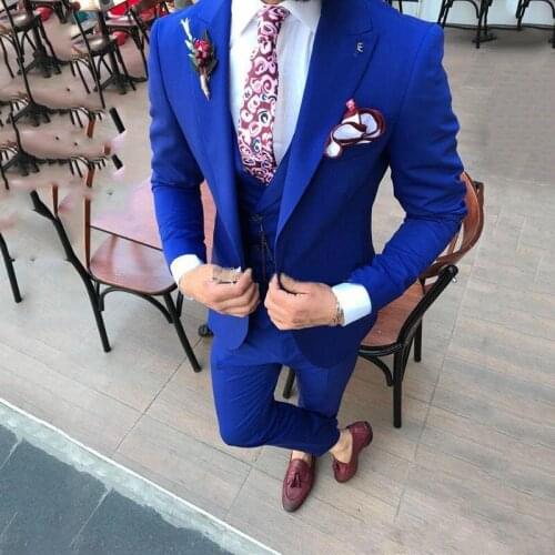 One Button Royal Blue Wedding Groom Tuxedos Peak Lapel Groomsmen Men Formal Prom Suits Bridegroom (Jacket+Pants+Vest+Tie)
