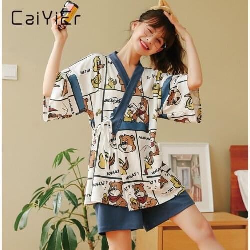 CAIYIER 2021 Cotton Traditional Kimono Women Pajamas Set Summer Cute Cartoon Nightwear Japanese Style Casual Soft Home Clothes