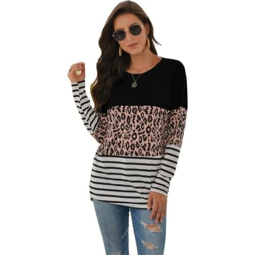 2021 New Autumn T-Shirt Womens Leopard Striped Patchwork Urban Casual Crew Neck Long Sleeve Fashion Female Cotton Loose T-shirt