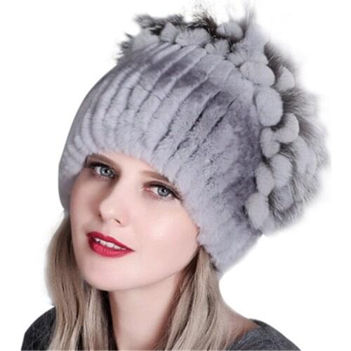 Womens Rex Rabbit Fur Hats Winter Rex Rabbit Fur Striped Head Top Flower Faux Fox Fur Warm Fur Knit Caps