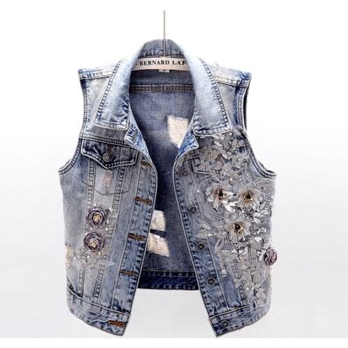 Korean Fashion Embroidery Flowers Holes Denim Vest Women Short Sleeveless Jacket Coat Big Size Slim Jeans Vests Female Waistcoat