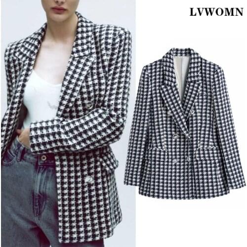 LVWOMN Za Women Blazer 2021 Fashion Office Double Breasted Plaid Blazer Coat Vintage Long Sleeve Female Jacket Casual Chic Tops