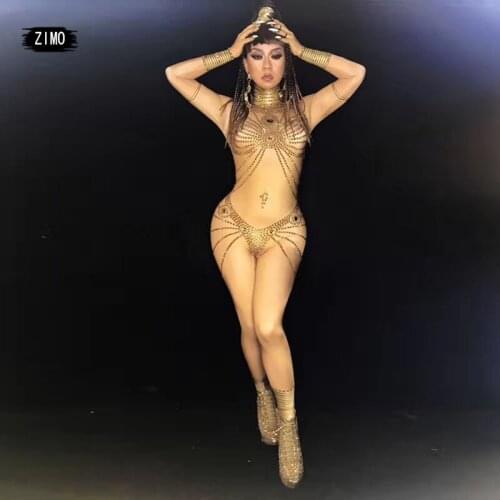 Sexy Cleopatra Gold Rhinestone Nude Color Jumpsuit Women Long-sleeved Nightclub Bar Women Party Singer Performance Dance Costume