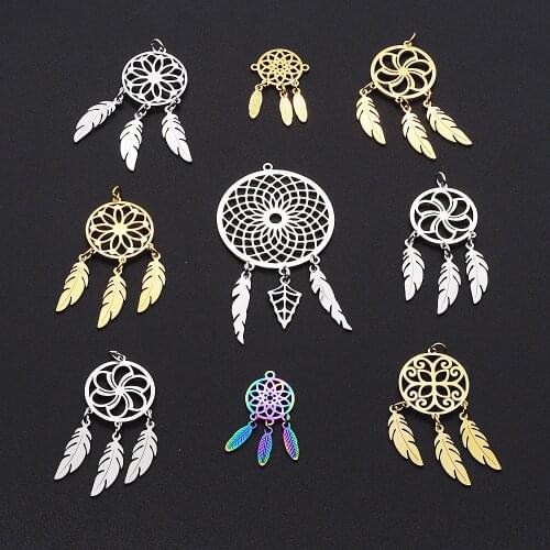 10pcs/lot Mix Designs Stainless Steel Boho Dream Catcher DIY Jewelry Charms Connector Wholesale Earring Making Pendant