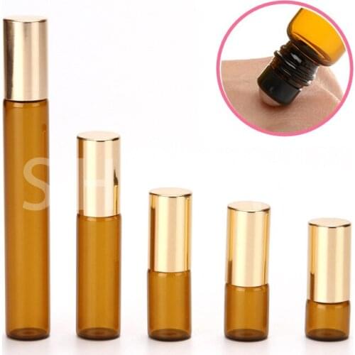 50 pcs Amber Thin Glass Roller Bottle Sample Test Essential Oil Vials with Roller Metal Ball Makeup Vials 1ml 2ml 3ml 5ml 10ml