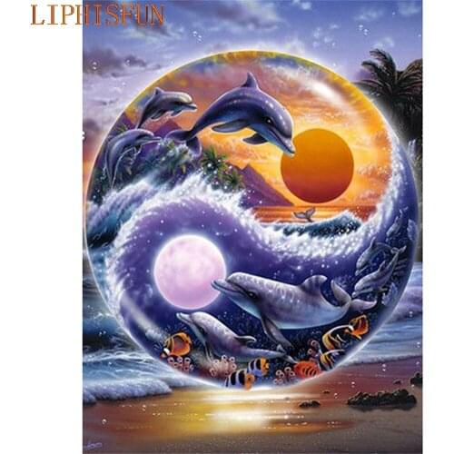 Diamond Painting Cross Stitch Full Square Round Picture of Rhinestone DIY Mosaic Embroidery Dolphin Wave New Year Gift