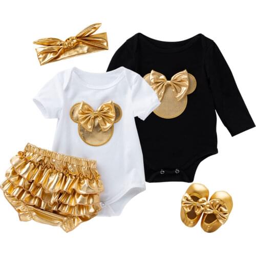 4pcs/set Baby Girl Romper Clothing Set Cotton Jumpsuit Golden Ruffle Bloomers Shorts Shoes Headband Suit Newborn Clothes Costume