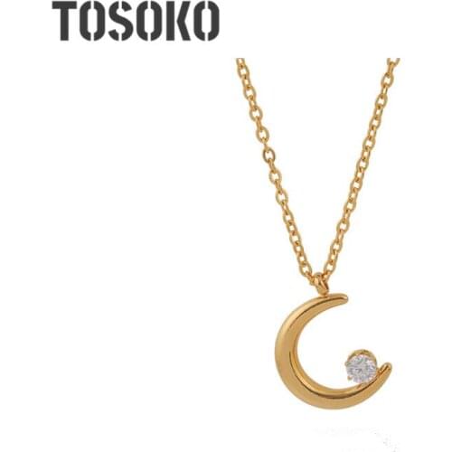 TOSOKO Stainless Steel Jewelry Moon Pendant Necklace With Zircon Embellishment Of Clavicle Chain Womens Fashion Chain BSP460