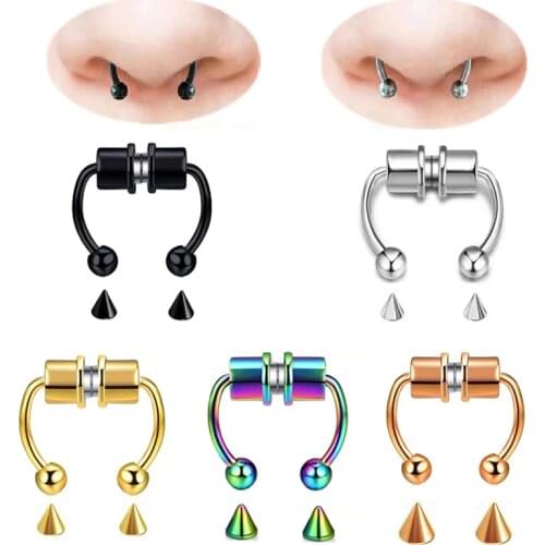 Fake Nose Ring Magnetic Horseshoe Non Piercing Hoop Jewelry for Women Punk Style Stainless Steel Men Nose Studs Reusable Unisex