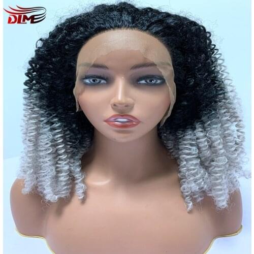 DLME Kinky Curly Synthetic Wig Lace Front Wigs Ombre Brown Grey curly wig High Temperature Black Women Wig