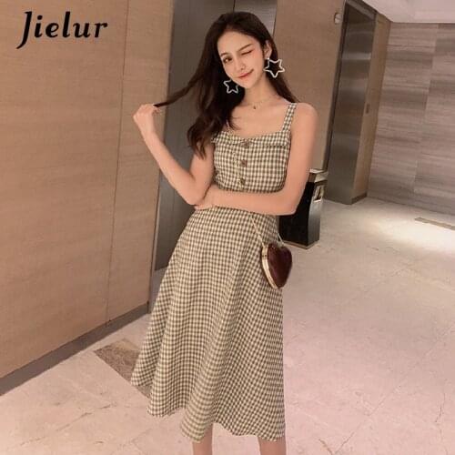 Jielur Plaid Dress Summer Spaghetti Strap Korean Style High Waist Vestido Mujer Sexy Slim A Line Button Women 2021 Dresses S-XL