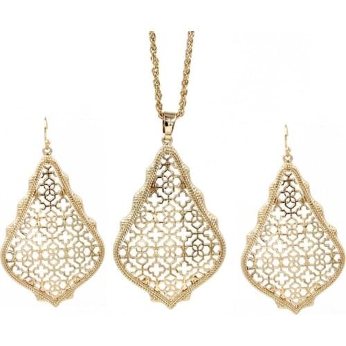 2019 Hot Selling Big 5.5cm Water Drop Filigree Pendant Necklace Women Fashion Howllow Out Pendant Necklace Wholesale