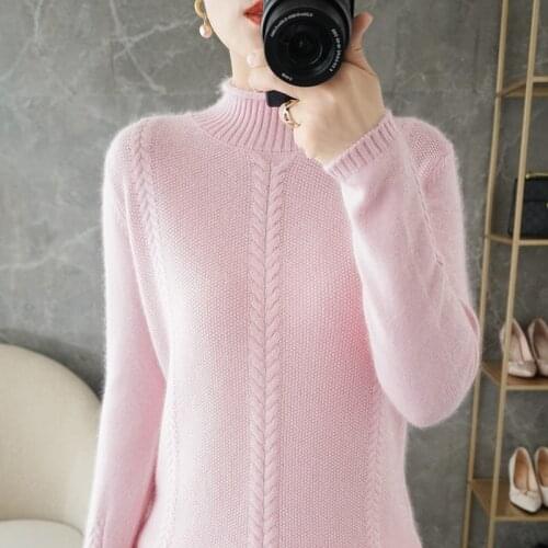Trend womens half high neck cashmere sweater ladies solid color full sleeve wool sweater warm and comfortable pullover Selling