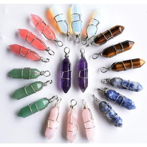 Wholesale 20pcs/lot natural tiger eye stone amethysts pillar shape point handmade iron wire pendants for jewelry making free