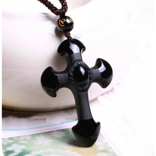 Natural Obsidian Frosted Pendant Jewelry Fine Jewelry Couple Obsidian Cross Necklace Jade Pendant Jewelry