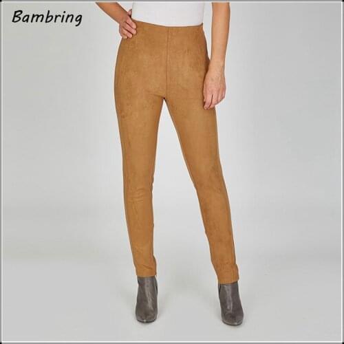Skinny High Waist Faux Suede Leather Pencil Pants Women Bodycon Elastic Brown Trousers Spring Autumn Streetwear Leggings Custom
