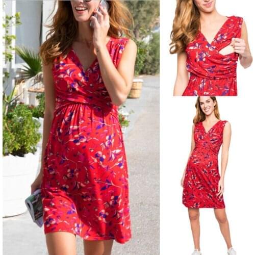 Popular Red Color Tie-in Waist Pregnant Womens Dress Soft And Comfortable Cotton Spot Vestidos Gestante Pregnancy Dress
