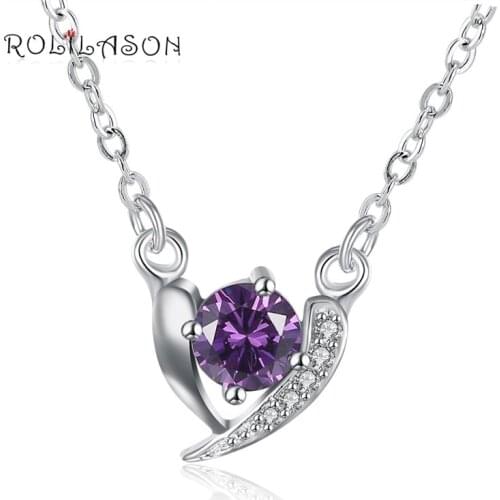ROLILASON Anniversary Cubic Zirconia Purple Crystal Fashion silver Necklace Pendant LN650