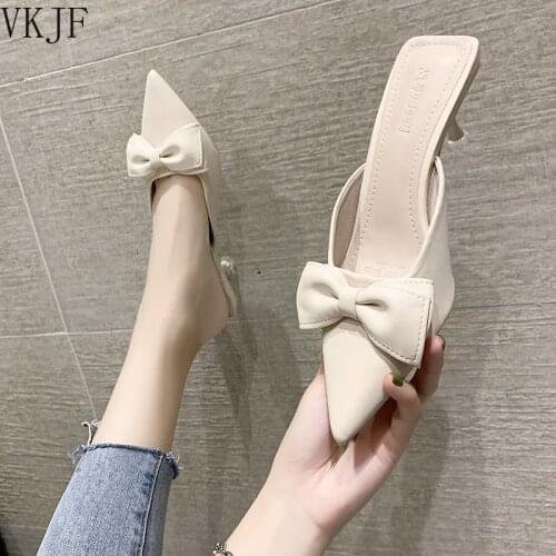 Summer Women Sandals Pointed Toe Solid Color Bowknot Dress Shoes Pumps Thin High Heels Sandals Zapatillas Casa Mujer Slip-On